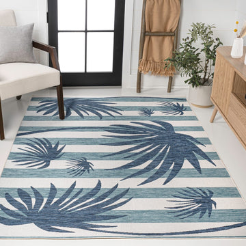 Veronica Classic Beach Stripe And Palm Leaf Indoor/Outdoor Area Rug